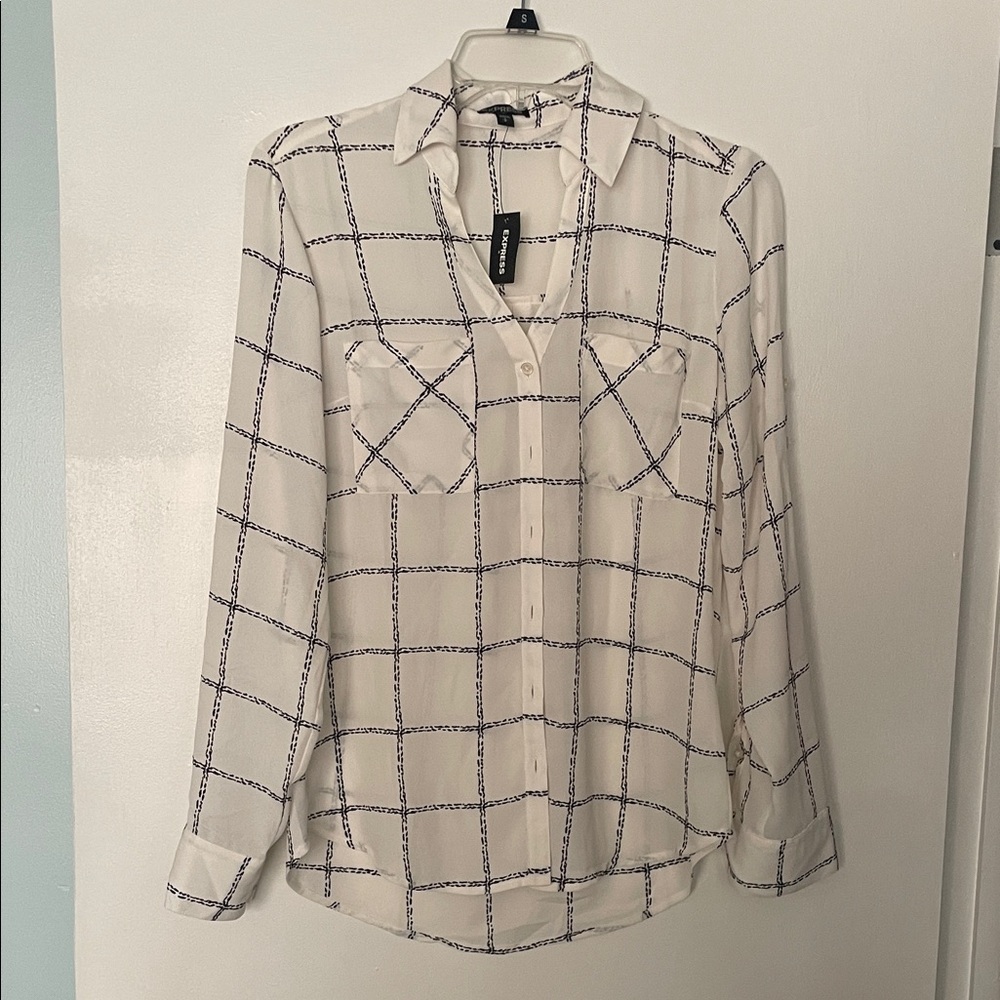 Express White and Black Grid Button Down Shirt